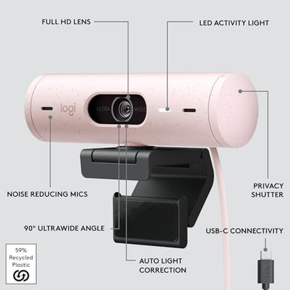Logitech Brio 500 Full HD 1080p Webcam with Auto Light Correction, Dual Noise Reduction Mics, Privacy Cover, Works with Teams, Meet, Zoom - Rose | Auto light correction, dual noise-reduction mics, privacy cover, auto framing, 90-degree field of view - col