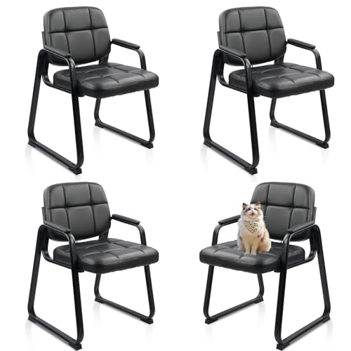 CLATINA Waiting Room Chairs no Wheels with Padded Arms Leather Guest Chair for Office Reception and Conference Desk with Sled Base Black, 4PK - color: Black(sled Base), size: 4 pack