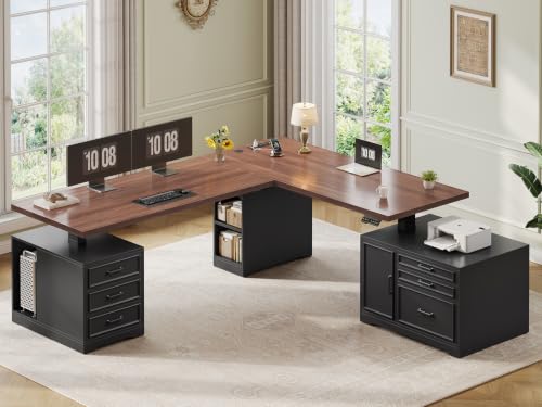 SEDETA Farmhouse L Shaped Electric Standing Desk with File Cabinet, 77 x 55'' Height Adjustable Home Office Computer Desk with 6 Drawers, Power Outlet, Sit Stand Desk, Black - color: Black Brown