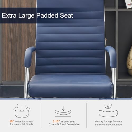 Okeysen Office Guest Chairs Set of 4, Modern Leather Reception Chairs with Mid Back & Sled Base, No-Wheel Desk Chairs for Waiting Room & Conference Room - color: Blue Leather/Silver Frame, size: Set of 4