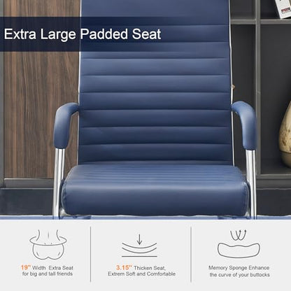 Okeysen Office Guest Chairs Set of 4, Modern Leather Reception Chairs with Mid Back & Sled Base, No-Wheel Desk Chairs for Waiting Room & Conference Room - color: Blue Leather/Silver Frame, size: Set of 4