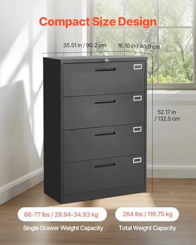 VEVOR 4 Drawers Metal File Cabinet, Vertical Filing Cabinet with Lock and Adjustable Hanging Rod, Tall Filing Storage Cabinets for Home and Office Fit Letter, A4, Legal Size File, Easy Assembly, Black