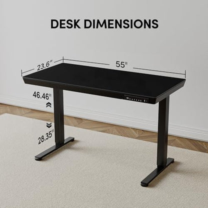 BANTI Electric Standing Desk with Drawers, 55 inch Whole-Piece Glass Desktop, Height Adjustable Stand up Sit Stand Home Office Ergonomic Workstation, Black Tabletop - color: Black, size: 55 Inch