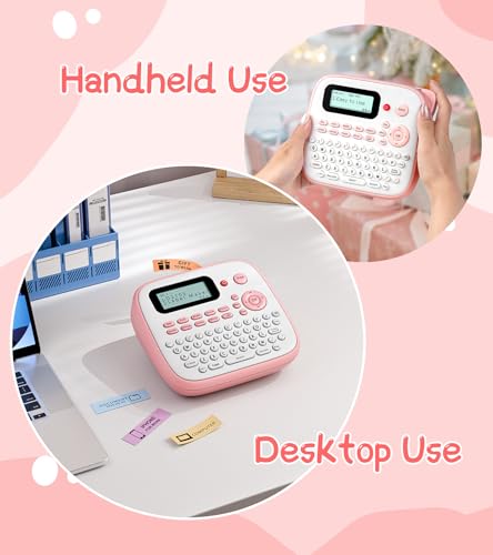 D210S Label Maker Machine with Tapes, Pink Label Maker Waterproof-Labels, Desktop Labeler with 4PK Tapes Laminated White for Home Kids School Supplies, Keyboard Labeler with 16 Fonts 800+ Icons - color: Pink, style: label maker with 4 tapes