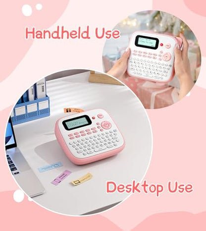 D210S Label Maker Machine with Tapes, Pink Label Maker Waterproof-Labels, Desktop Labeler with 4PK Tapes Laminated White for Home Kids School Supplies, Keyboard Labeler with 16 Fonts 800+ Icons - color: Pink, style: label maker with 4 tapes