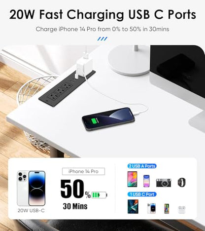 Recessed Power Strip with PD 20W USB-C, Flush Mounted Drawer Outlet, 4 Outlets & 3 USB Ports, Conference Desktop Built in Power Strip, 6FT Extension Cord(Black) - size: 6FT, style: 20W-2A1C-Black