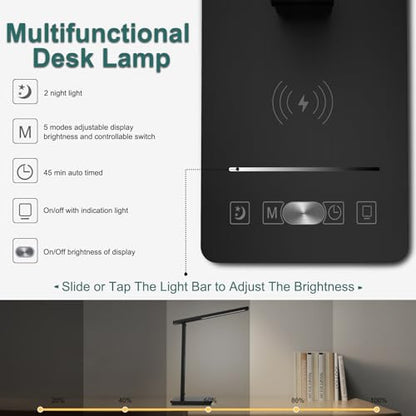 10 in 1 Smart Desk Lamp Led, Desk Light for Colleage Drom Room Office, Eye-Caring Table Lamp with Night Light, Lamp for Desk with 10W Wireless Charger, Dimmable Touch Lamp, Birthday Gifts for Women - color: Black-Pro