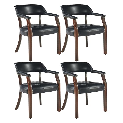 LEEMTORIG Set of 4 Faux Leather Dining Chairs with Arms, Dining Chair with Supportive Back, Game Poker Table Chairs, Boss Caption's Chairs Office Desk Chairs, Cherry Walnut Legs & Black PU NX173D - color: Cherry Walnut Legs & Black Pu, size: Set of 4