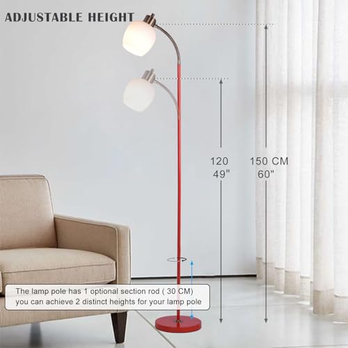 Adjustable Reading Floor Lamp,360°Rotatable Shade,3CCT LED Bulb Include,Red Gooseneck - color: Red Glass Shade
