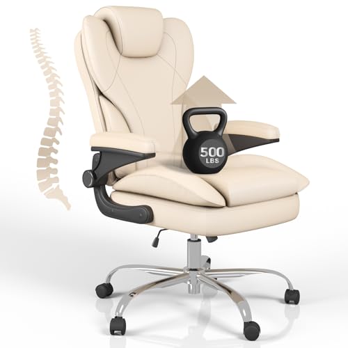 Home Office Chair with Flip-Up Arms, Leather Executive Desk Chair, Beige | Ergonomic Lumbar Support, 500 LBS Capacity, Memory Foam Seat, Adjustable Height, 360° Swivel Casters for Work Study - color: Beige