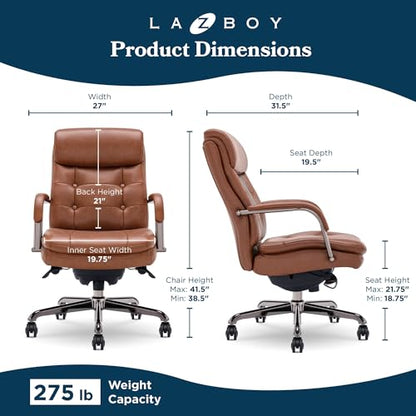 La-Z-Boy Sonata Executive Mid-Back Office Chair, Button-Tufted Seat and Back, Double-Layer Cushion, Padded Armrests, Ergonomic Computer DeskChair, Swivel Metal Base, Bonded Leather, Cognac/Graphite - color: Cognac and Graphite