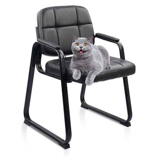 CLATINA Waiting Room Guest Chair, Leather Stationary Office Reception Chairs No Wheel, Comfy Padded Arms and Seld Base, for Conference Room Lobby Home Computer Desk Bedroom Elderly, Black - color: Inky, size: 1 Pack