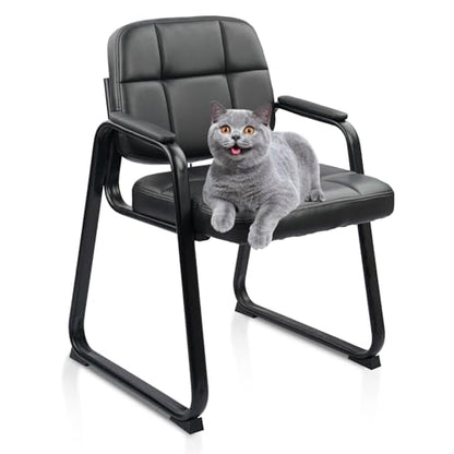 CLATINA Waiting Room Guest Chair, Leather Stationary Office Reception Chairs No Wheel, Comfy Padded Arms and Seld Base, for Conference Room Lobby Home Computer Desk Bedroom Elderly, Black - color: Inky, size: 1 Pack