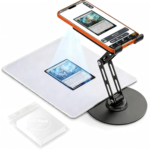Card Scanner TCG, Foldable Trading Card Scanner Setup & Trading Card Stand - Carbon Steel Phone Mount for Quick Price Check, Includes Pad & 100PC Sleeves, Compatible with MTG