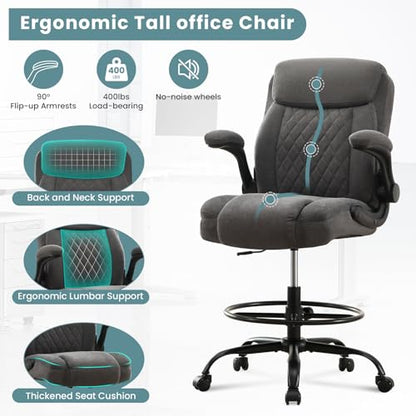 Drafting Chair Tall Office Chair for Standing Desk, Ergonomic Tall Desk Chair with Adjustable Height and Foot Ring, Flip-Up Armrests, Lumbar Support, Breathable Fabric Seat for Home Office and Studio - color: Grey