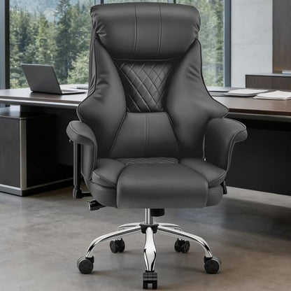 Big and Tall Office Chair - Executive High Back Leather Office Desk Chair with Adjustable Lumbar Support - Ergonomic Comfortable Heavy Duty Computer Gaming Chair with Padded Arms & Wide Seat - color: Grey