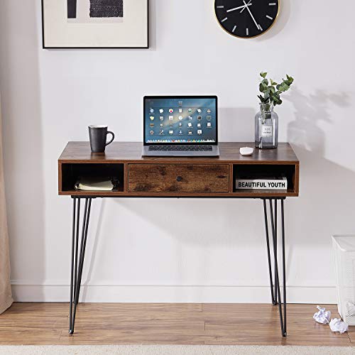VECELO 39.3" Home Office Work Table with Drawers,Computer Desk with Hairpin Leg for Writing/Study,Retro Brown - color: Retro Brown
