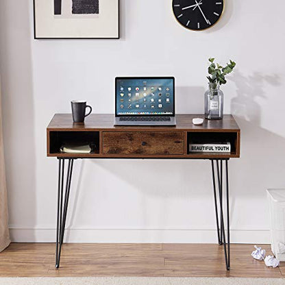VECELO 39.3" Home Office Work Table with Drawers,Computer Desk with Hairpin Leg for Writing/Study,Retro Brown - color: Retro Brown