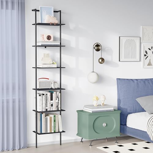 6-Tier Wall Mounted Ladder Shelf, Black, 77" H - color: Black, size: 6 Tier