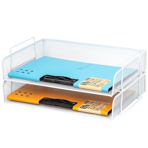 2 Pack Stackable Desk Paper Tray, Metal Mesh Desktop Document Letter File Organizer for Office Home School, 13.5'' L x 9.75'' W x 5.5'' H, White - color: 2 Pack White