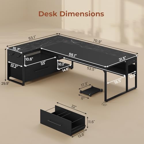 UPOSOJA 71" Executive Desk, L Shaped Office Desk with Widen File Drawers - color: Black, size: Widen Drawer