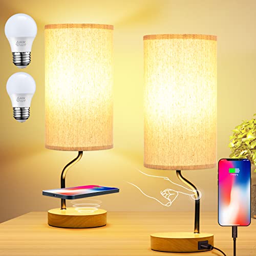 Set of 2 Smart Bedside Table Lamp with Wireless Charger & USB Port - Touch Control LED Desk Lamp for Bedroom, Dimmable Wooden Nightstand Lamp with Fabric Shade for Living Room, Kid's Room, (Cream) - color: Set of 2(Cream)