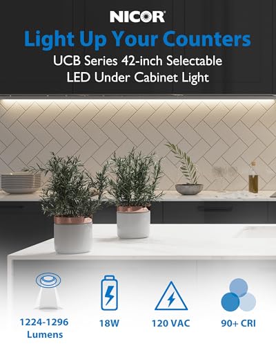 42” LED Direct Wire Under Cabinet Light - Undercounter LED Lights for Kitchen - Selectable CCT 2700K-5000K, 1224-1296 Lumens, 18W - UCB Series Hardwired Under Cabinet Lighting by NICOR Lighting - size: 42, style: No Switch