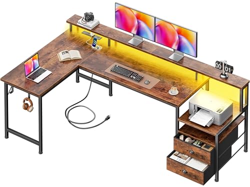 Korfile 66'' L Shaped Computer Desk with Storage Drawers, Power Outlet, LED - color: Rustic Brown, size: Large: 66 inches