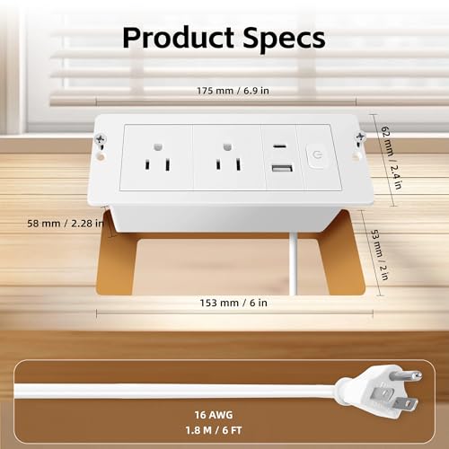 Embedded Power Strip with 2 AC,1 USB A/C Port, Recessed Power Outlet with 10W PD USB A,USB C Port, Flush Mount Desk Outlet with 6ft Cord