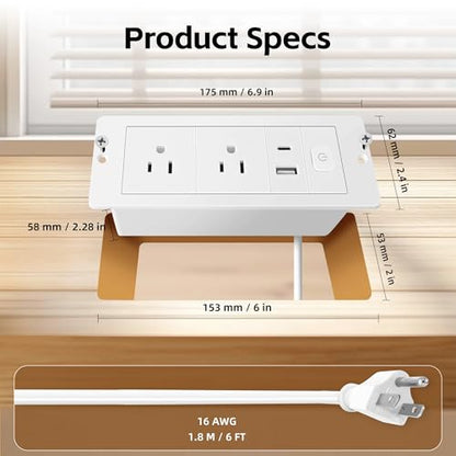 Embedded Power Strip with 2 AC,1 USB A/C Port, Recessed Power Outlet with 10W PD USB A,USB C Port, Flush Mount Desk Outlet with 6ft Cord