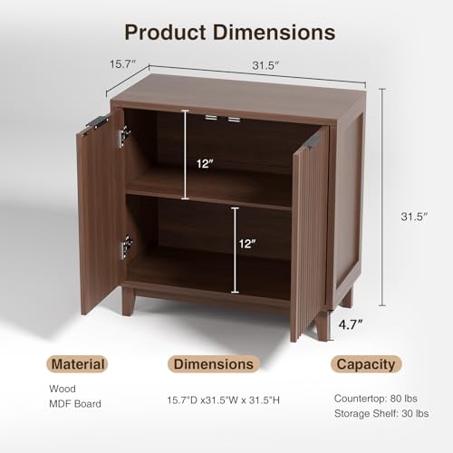 Fluted Cabinet with Storage, Mid Century Modern 2 Doors Sideboard Buffet - color: Walnut, size: 2 Doors - 15.7"D x 31.5"W x 31.5"H