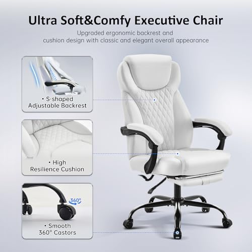 amseatec Big and Tall Office Chair with Footrest, Lumbar Support, White - color: White-f