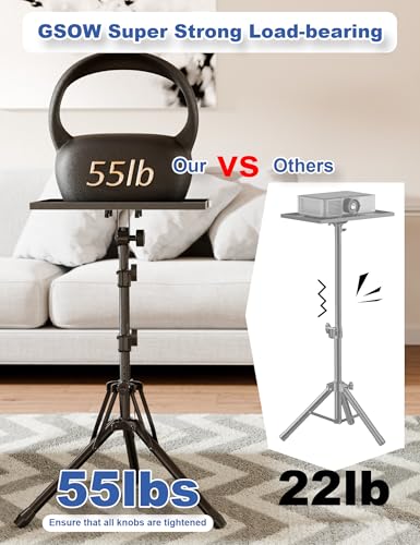 GSOW Projector Stand, Adjustable 26-56" Laptop Tripod with Carry Bag | sturdy foldable aluminum frame, anti-slip legs, holds 55lb, raised-edge tray, mouse tray, for office, home, stage, DJ