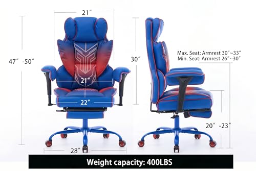 Big and Tall Gaming Office Chair 400lbs - Heavy Duty Ergonomic Computer Desk Chair with Footrest, Adjustable Armrests, High Back PU Leather with Racing Style (Blue/Red) - color: Blue/Red