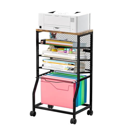 INGIORDAR 5 Tier Rolling File Cart Sliding Hanging Folder Storage Wheels | Under Desk Storage Organizer On Lockable Wheels Mesh Sliding Trays Multifunctional Clutter Cart for Office School Home