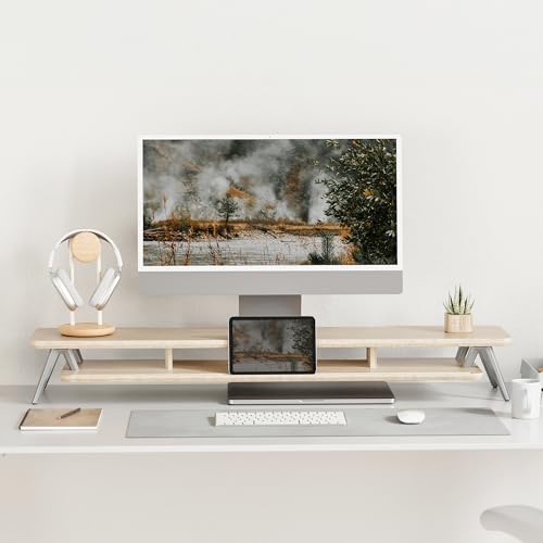 Fenge Dual Monitor Stand Riser, Wooden Desk Shelf with 2-Tier Storage - color: Oak, size: 42.5 Inch