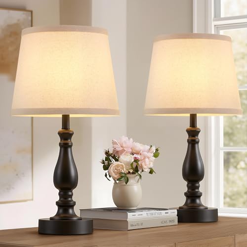 Lamp for Bedroom Set of 2 - 19" Small Bedside Table Lamps with Rotary Swithch - Modern Lamps for Living Room Night stands - Desk Lamps for Home Office End Tables with Fabric Linen shade for Reading - color: 19'' Black+Light Oat Color Shade