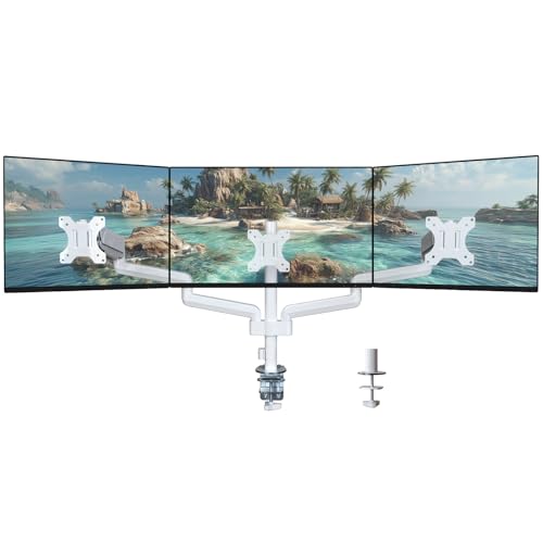 WALI Triple Monitor Mount for 13-32 inch Screens, Adjustable 3 Monitor Desk Mount with Swivel, Tilt, Clamp & Grommet Kit, Triple Monitor Stand for Desk, VESA 75x75/100x100mm (GSDM003W), White