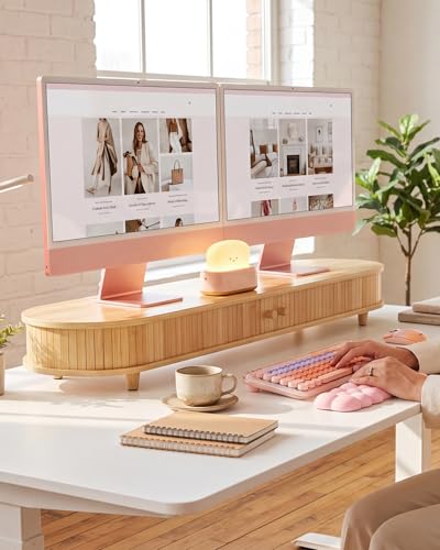 Bamboo Dual Monitor Stand with Storage, 42 Inch Desk Shelf Riser - color: Bamboo, size: 42 inch