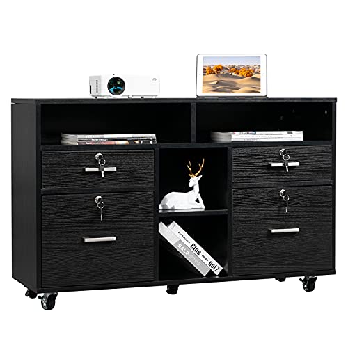VINGLI Wood Mobile File Cabinet with 4 Drawers and Shelves, Printer Stand with Open Storage, Locking Lateral Filing Cabinet for Home Office, Black - color: Black