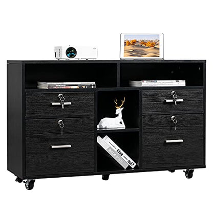 VINGLI Wood Mobile File Cabinet with 4 Drawers and Shelves, Printer Stand with Open Storage, Locking Lateral Filing Cabinet for Home Office, Black - color: Black