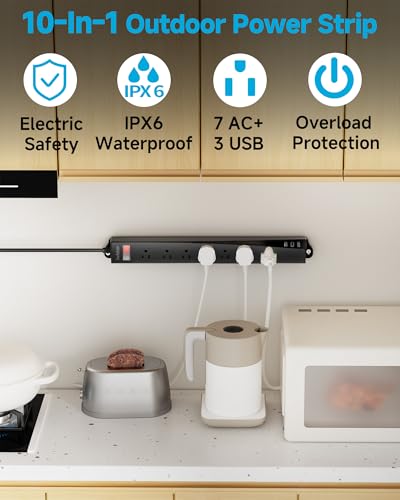 Outdoor Power Strip Weatherproof IPX6, 6FT Extension Cord 7 AC | 1625W/13A 6FT USB Power Strip with Multiple Outlets,7 AC & 3 USB, Wall Mount for Camping,Poolside,Garden,Workshop, UL Listed - size: 6FT