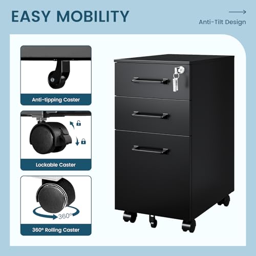 MIIIKO File Cabinet 3 Drawers on Wheels Under Desk, Black Metal File Cabinets with Lock for Home Office, Filing Cabinet with Lock(Un-Assembled) - color: Black, size: 3 Drawer-11.8"W -Mobile