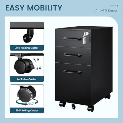 MIIIKO File Cabinet 3 Drawers on Wheels Under Desk, Black Metal File Cabinets with Lock for Home Office, Filing Cabinet with Lock(Un-Assembled) - color: Black, size: 3 Drawer-11.8"W -Mobile