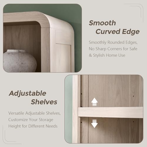 72" Tall Modern Bookshelf with Doors, 5-Tier Large Bookcase w/Drawer, Wooden Storage Cabinet w/Adjustable Shelves, Versatile Book Shelf w/Curved Profile Design for Living Room, Office, Cream - color: Cream