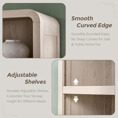 72" Tall Modern Bookshelf with Doors, 5-Tier Large Bookcase w/Drawer, Wooden Storage Cabinet w/Adjustable Shelves, Versatile Book Shelf w/Curved Profile Design for Living Room, Office, Cream - color: Cream