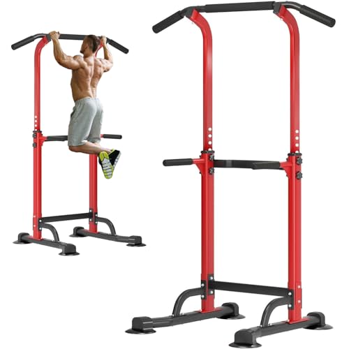 soges Power Tower Pull Up Bar Station, Free Standing Pull Up Rack Dip Station for Home Gym, Height Adjustable Home Strength Training Fitness Workout Equipment - color: Red