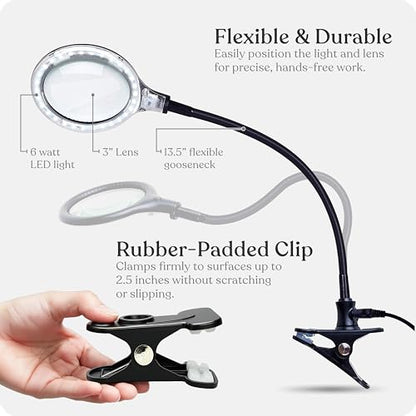 Brightech LightView Flex Magnifying Desk Lamp, 1.75X Light Magnifier, Adjustable Magnifying Glass with Light for Crafts, Reading, Close Work - color: Black