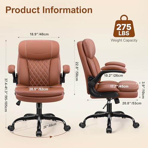 HeroSet Leather Office Chair with Upgraded Double-Layer Seat Cushion and Neckrest for Short People, Brown - color: Brown