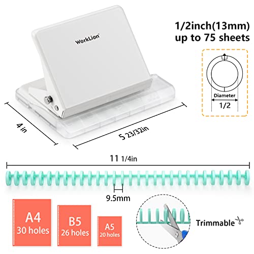 Binding Machine for Planner： WORKLION Metal 10 Hole Punch & Multi Color 30 Hole Loose Leaf Binder Rings(10 pcs) for Making 26 Holes on B5 Paper, 30 Holes on A4, 20 Holes on A5 Book. - size: 5 inches white